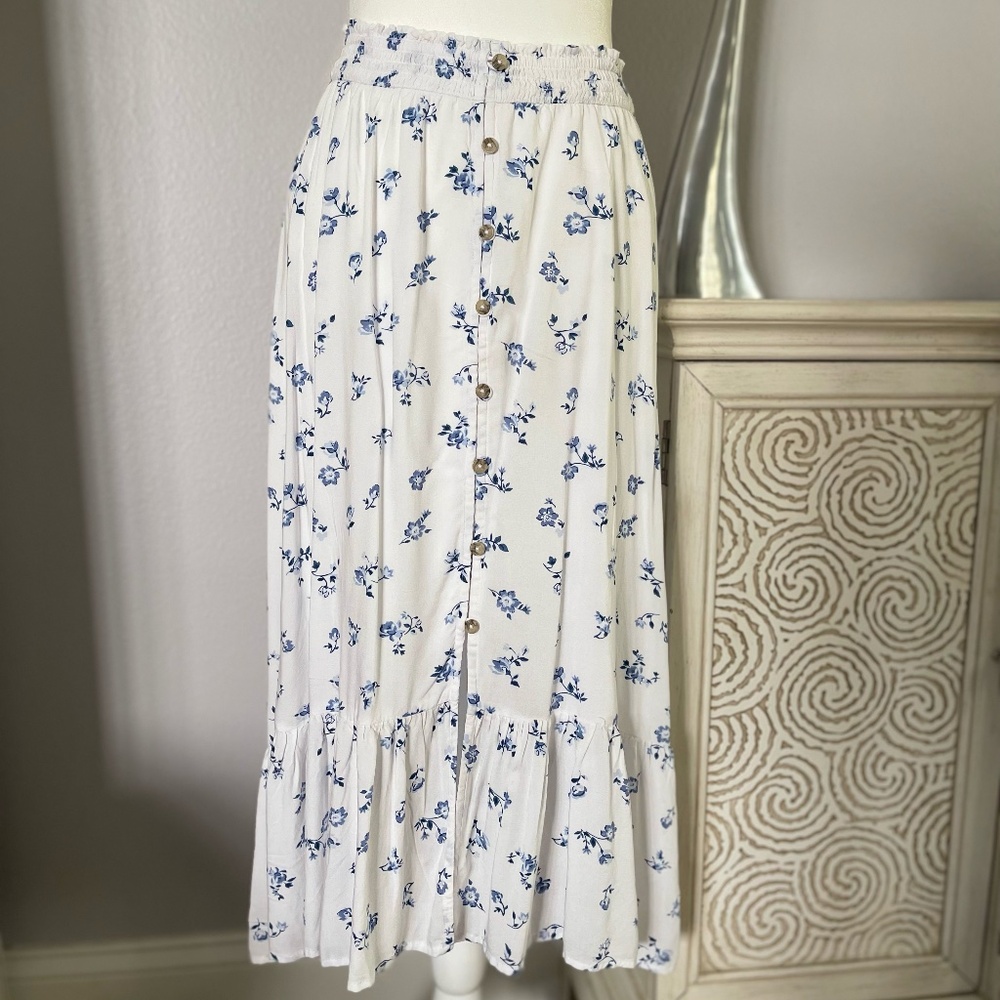 Hollister Floral Maxi Skirt White Ruffled Boho Cottage